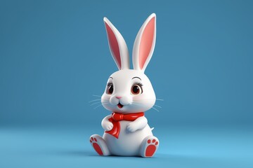 Obraz premium arafly looking white rabbit with red bow sitting on blue surface
