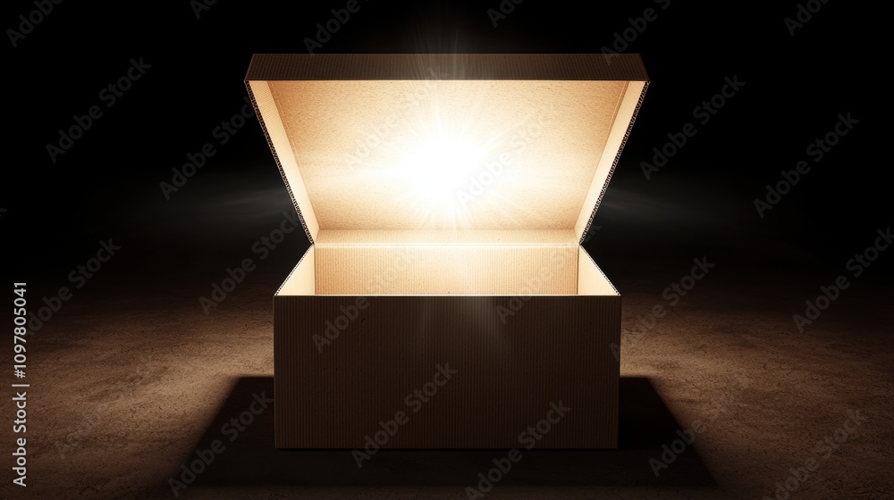 Poster illuminated open box with bright light shining from within
