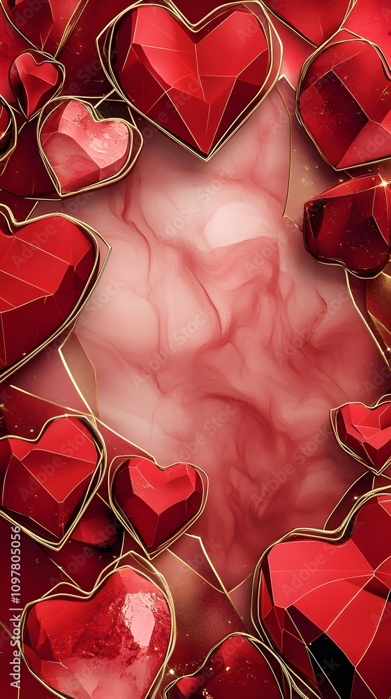 Poster a romantic design with a mix of red and soft gold geometric heart shapes, with a large empty space i