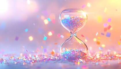 A beautifully crafted hourglass filled with colorful confetti against a soft, dreamy background