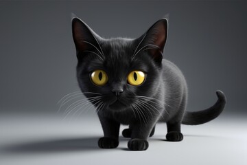 there is a black cat with yellow eyes walking on a gray surface