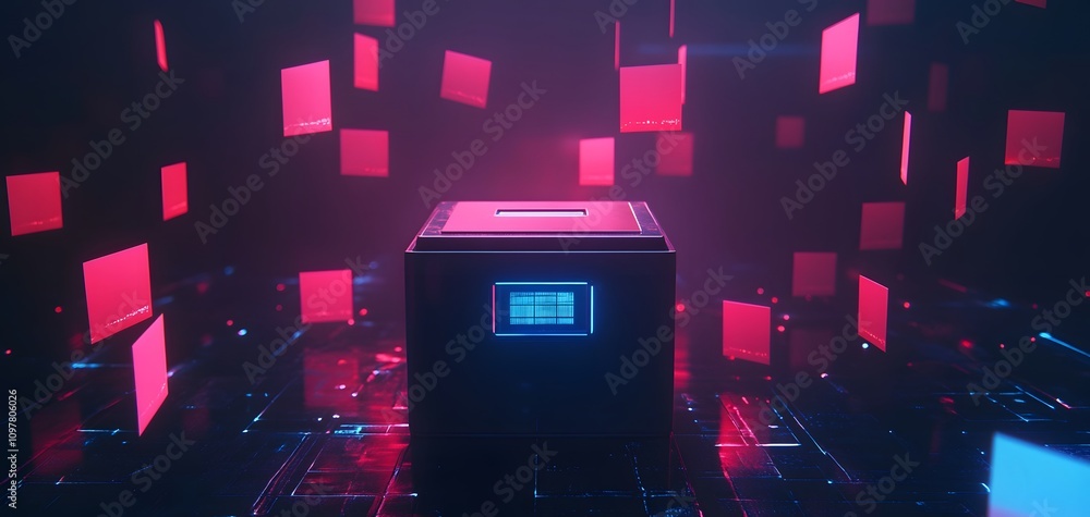 Poster a futuristic digital cube surrounded by glowing abstract shapes in red and blue lights. the cube fea