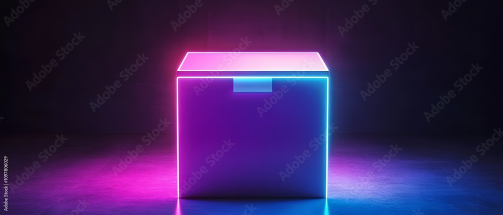 Poster a futuristic glowing box illuminated in vibrant neon colors against a dark backdrop, creating a myst