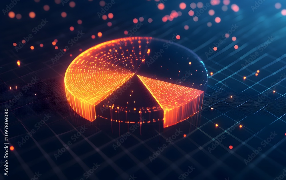 Poster a futuristic pie chart illuminated with glowing dots, representing data visualization and advanced a