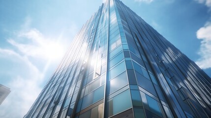 Obraz premium Modern Skyscraper with Glass Facade Reflecting Sunlight and Clouds