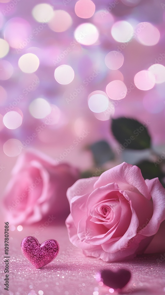 Poster a romantic, soft-focus background with pink roses and heart-shaped bokeh lights, creating an empty c