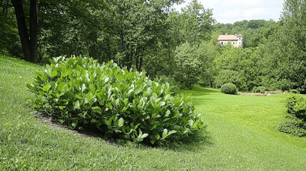 Obraz premium Lush Green Shrubbery Landscaped Garden Summer Day Park Manor House Background