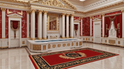 Obraz premium Luxurious Bathroom Design Marble Gold Jacuzzi Roman Columns Red Accents Elegant Rug