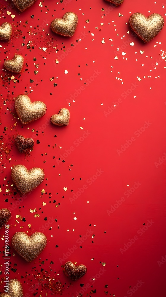 Aufkleber a vibrant red background with scattered gold heart shapes and sparkling accents, leaving ample empty