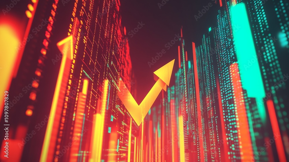 Poster a vibrant, abstract representation of stock market recovery, featuring an upward arrow glowing in wa