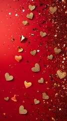 Fototapeta premium A vibrant red background with scattered gold heart shapes and sparkling accents, leaving ample empty space in the center for product display.