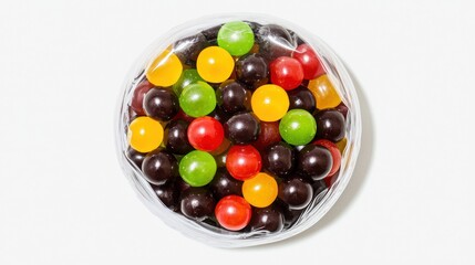 Colorful Candy Spheres in Clear Plastic Bowl on White Surface