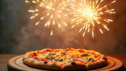 Happy celebration pizza with copy space
