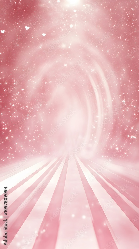 Poster a dreamy, soft pink and white gradient background, with heart-shaped patterns and sparkling lights, 