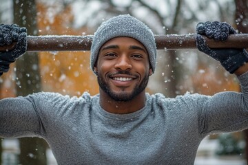 portrait of a smiling  black man in winter workout gear outdoors during snowfall, ideal for fitness promotions, winter apparel ads, or active lifestyle campaigns