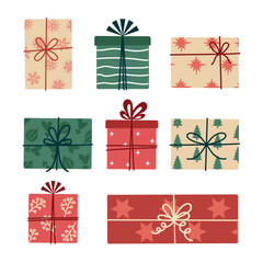 Vector colorful set of Christmas present boxes decorated with different winter patterns