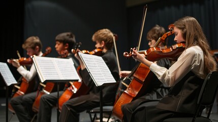 The band performs on stage, with students playing violin, cello and flute
