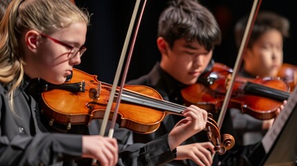 The band performs on stage, with students playing violin, cello and flute