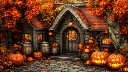 Obraz premium Spooky Halloween Cottage Illustration with Jack-o'-Lanterns and Autumn Leaves
