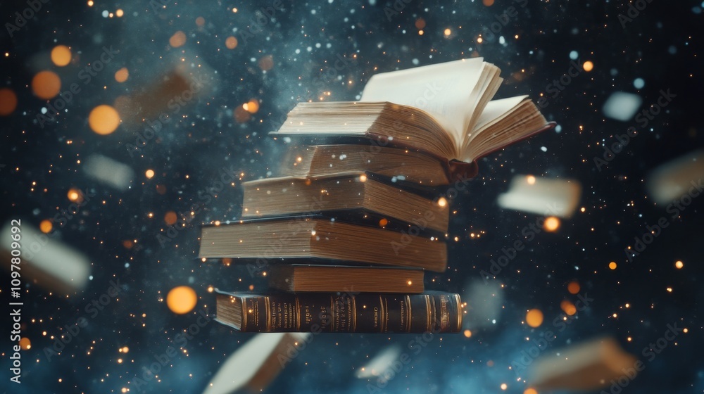 Poster captivating image of an open book floating with pages fluttering and magical lights surrounding it, 