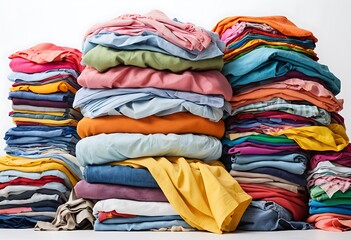Heap of various colourful clothes such as sweaters, trousers and shirts, isolated on white background