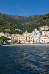 View of the beach and houses of Cetara, a small fishing town on the Amalfi Coast, Italy.