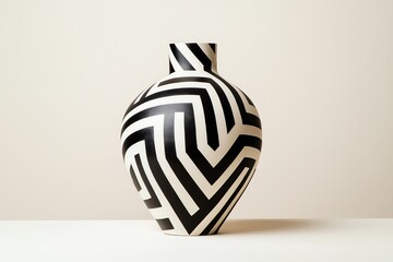 Stylish ceramic vase with modern black and white geometric patterns on a neutral background.