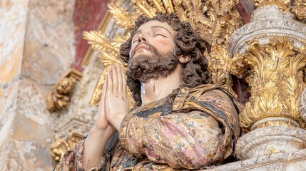 Ornate Religious Statue  Jesus Praying  Golden Frame  Church  Baroque Art  Faith  Spiritua