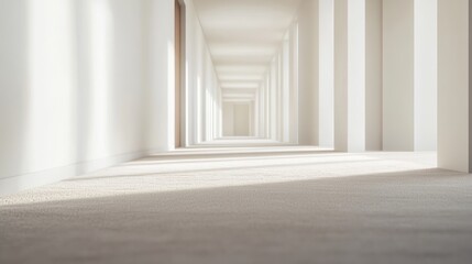 Fototapeta premium A spacious, well-lit corridor with soft lighting and minimalistic design.
