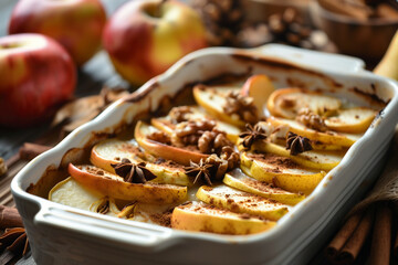A baking dish with warm, baked apple and pear slices, topped with cinnamon and nuts. Generative AI tools