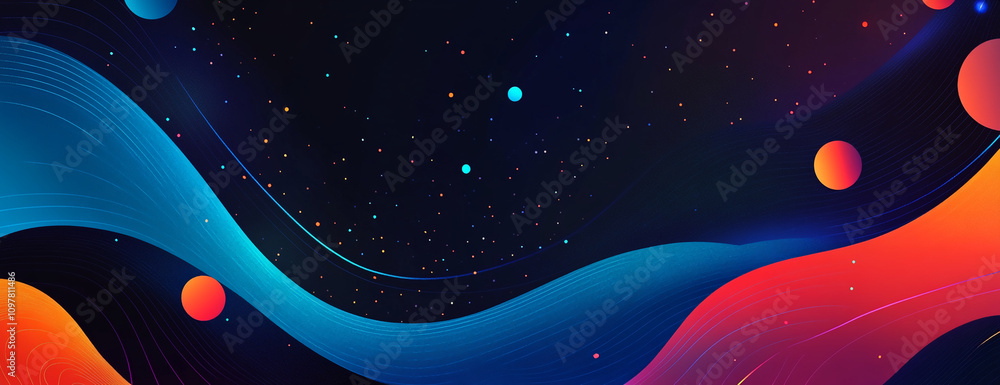 Poster digital abstract background with vibrant colors and cosmic elements swirling in a starry night sky