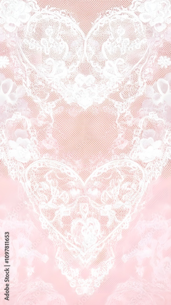 Poster a delicate lace design in soft pink and white with subtle heart patterns, leaving an open center are