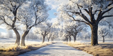 A serene winter landscape with snow-covered trees lining a quiet road.