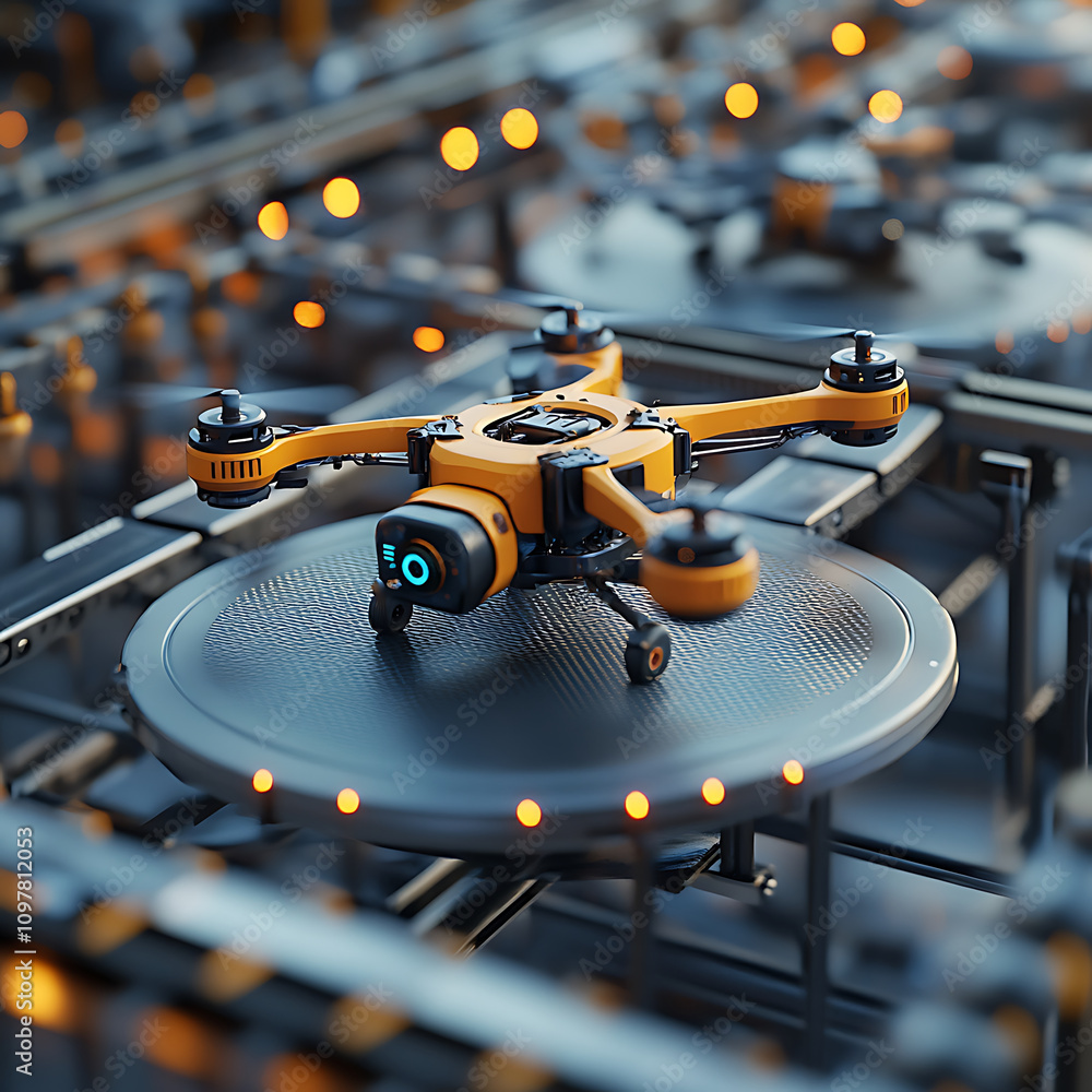 Poster drone equipped with advanced technology is showcased on circular platform, surrounded by network of 