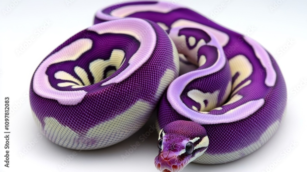Poster a fascinating image of a python coiled up, featuring a unique blend of purple and white colors with 