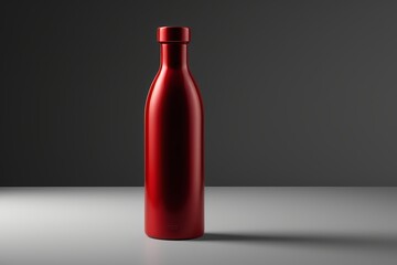 a close up of a red bottle on a table with a gray background