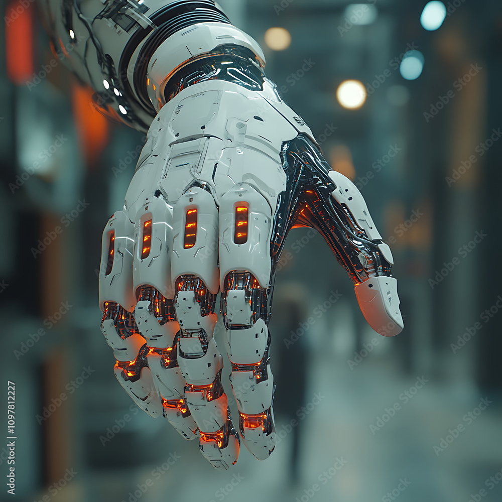 Poster futuristic robotic hand with glowing orange accents, showcasing advanced technology and design. this