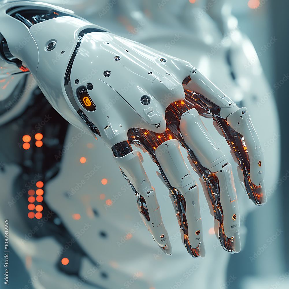 Poster close up of futuristic robotic hand showcasing intricate details and glowing elements, symbolizing a