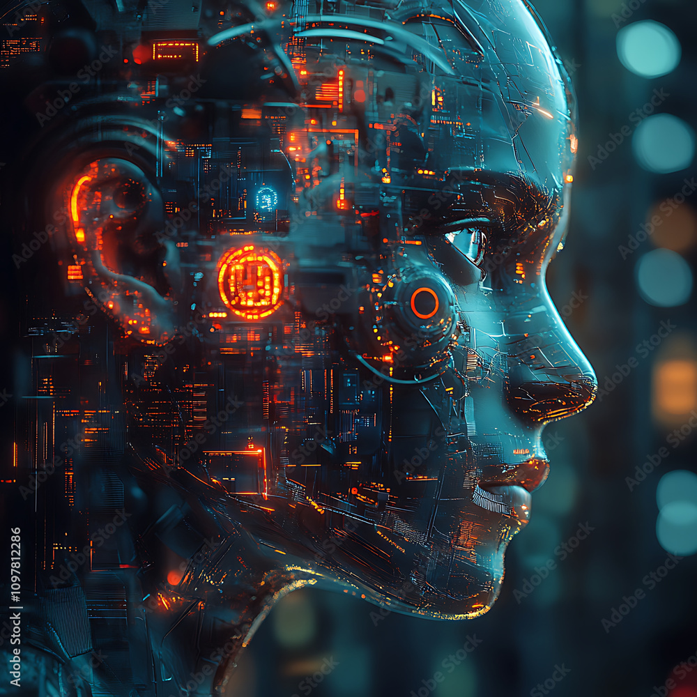 Poster futuristic cybernetic system visualization featuring humanoid robot with intricate circuitry and glo