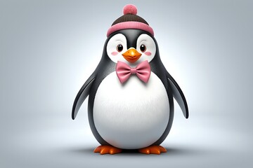 Fototapeta premium penguin with a pink bow tie and a knitted hat