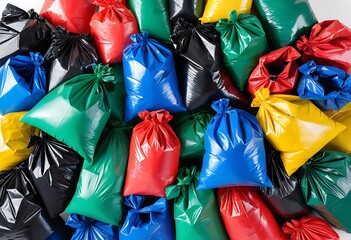 Trash bags full of garbage on white background