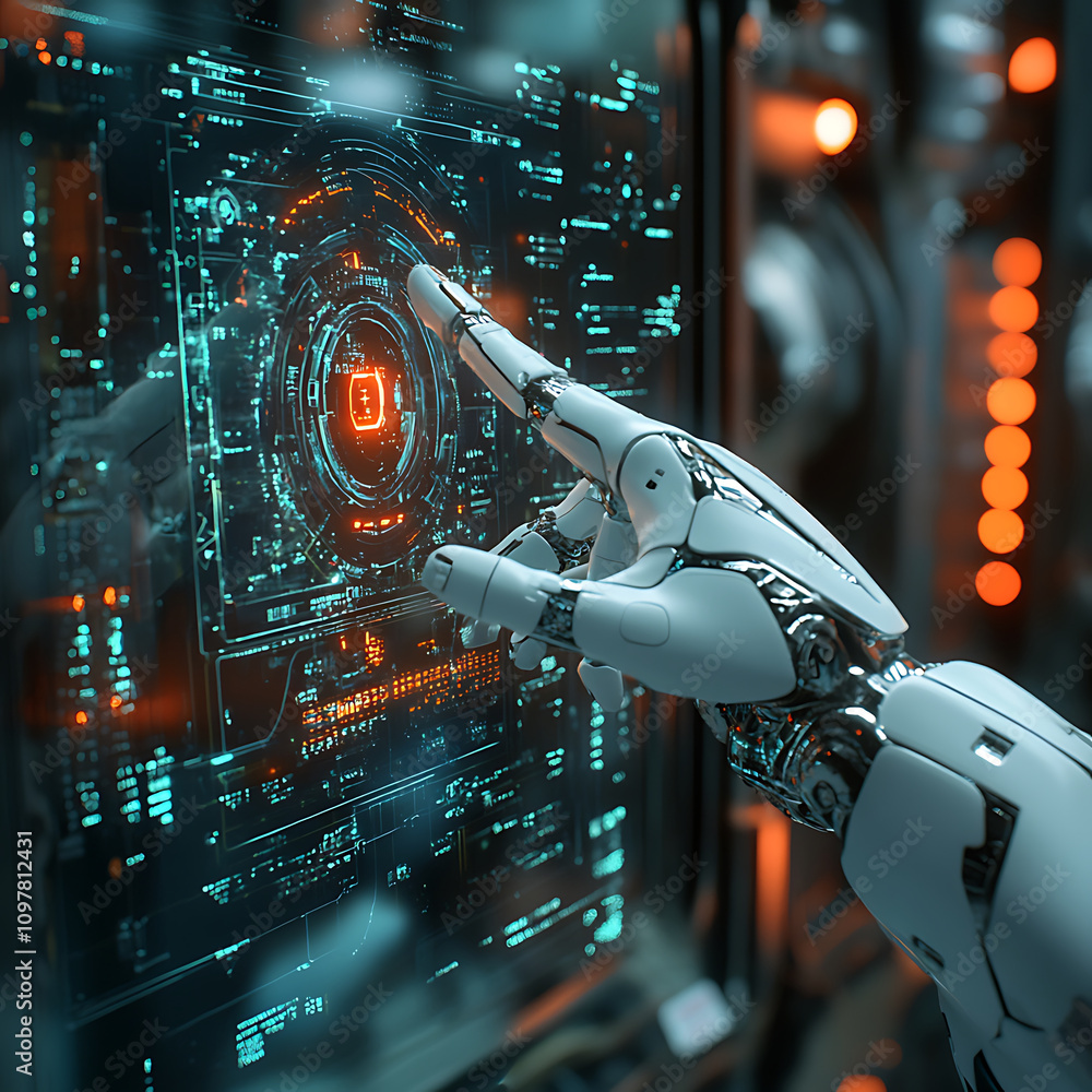 Poster robotic hand interacts with futuristic digital interface, showcasing advanced technology and automat