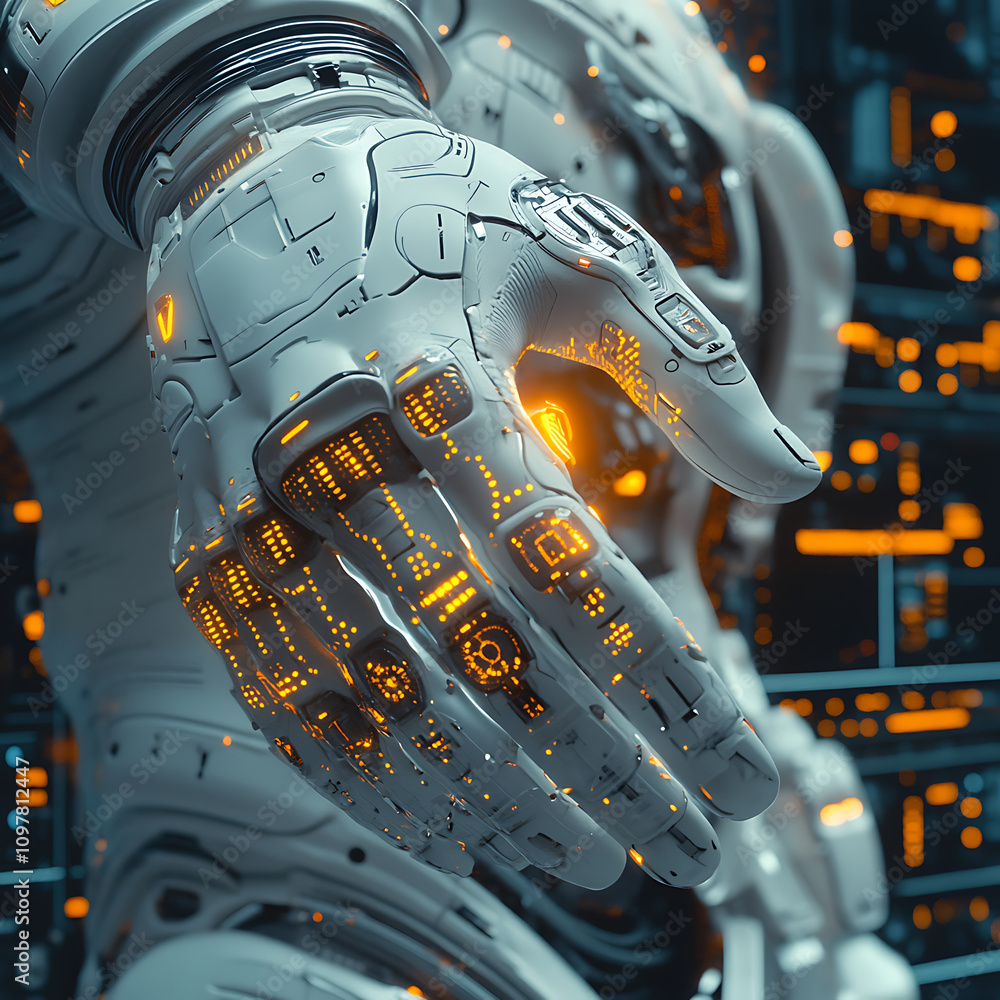 Poster futuristic robotic hand with glowing circuits, showcasing advanced technology and human machine inte