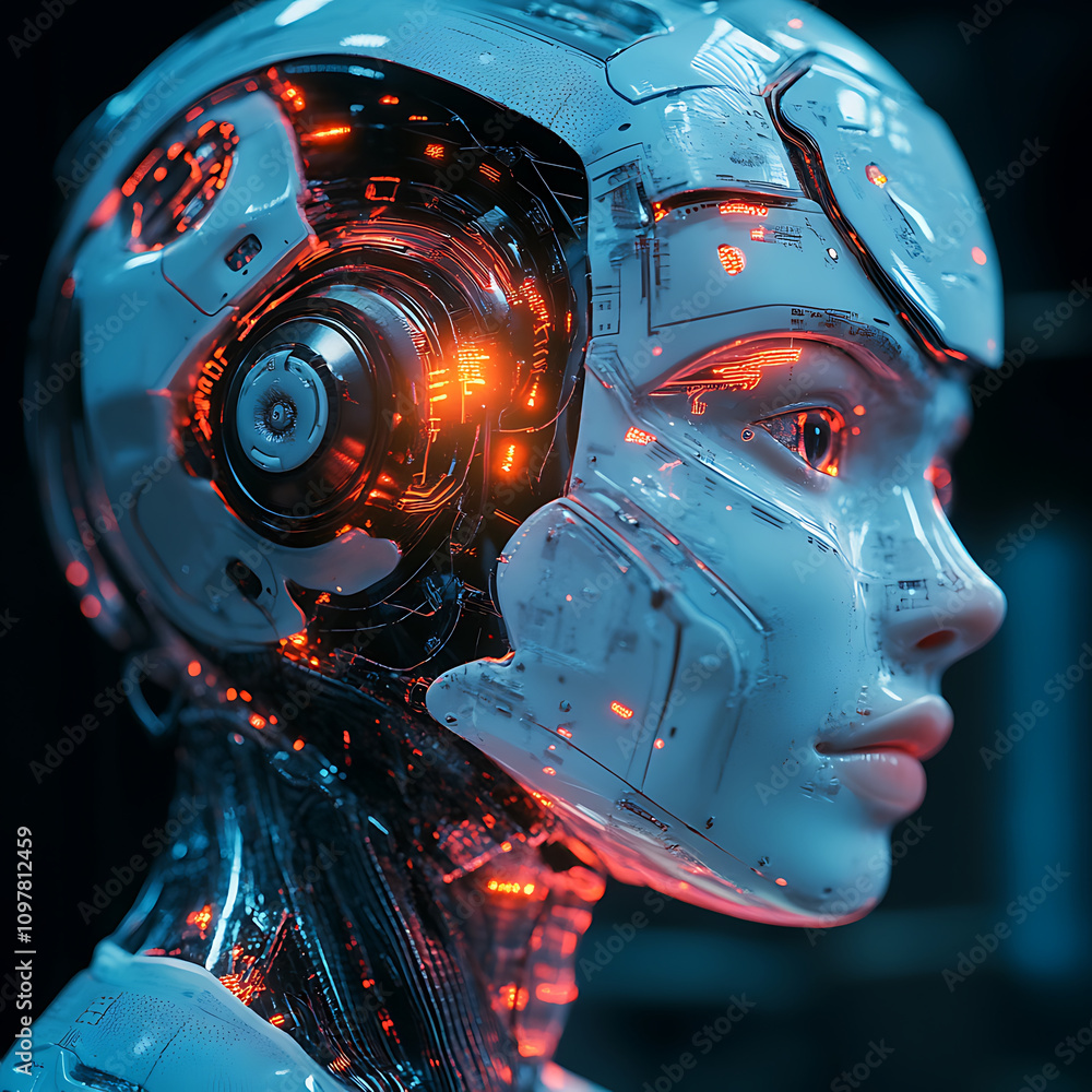 Poster futuristic cyborg with intricate circuitry and glowing elements, showcasing advanced technology and 