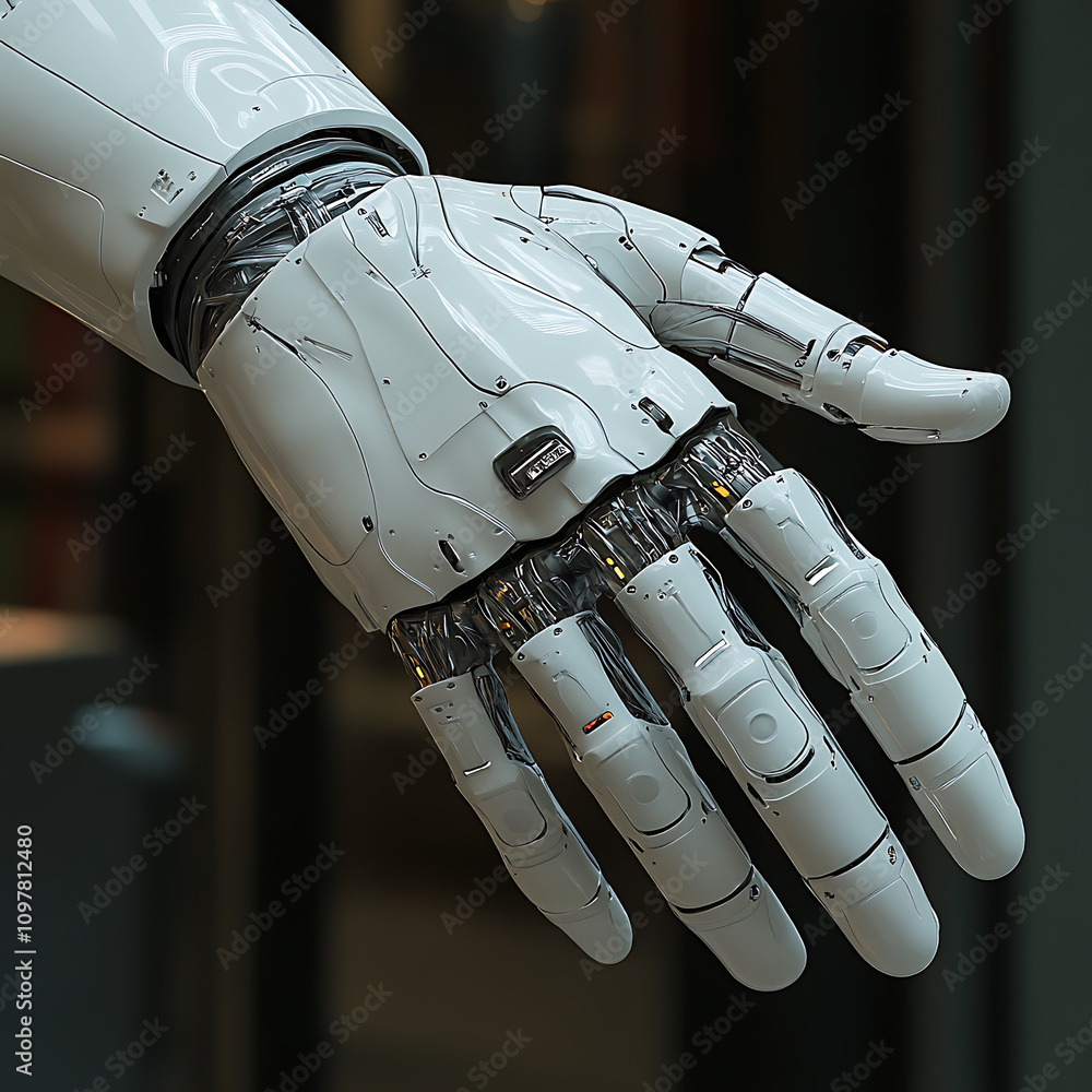 Poster robotic hand showcasing advanced prosthetic technology, featuring intricate mechanical details and s