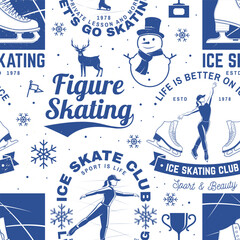 Ice Skate club seamless pattern design. Background, wallpaper, seamless pattern with skate, skates blades and helmet . Winter sport. Vector illustration.