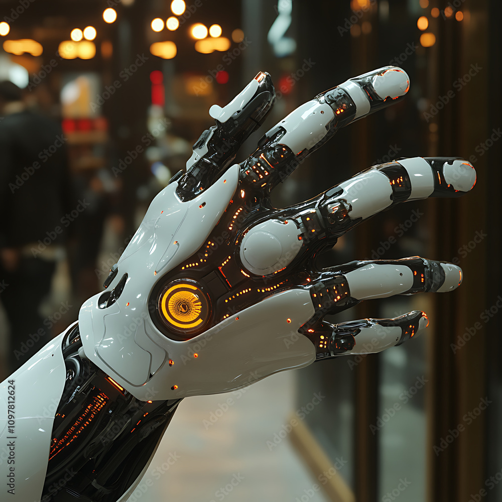 Poster futuristic robotic hand showcasing advanced technology and intricate design, featuring glowing eleme