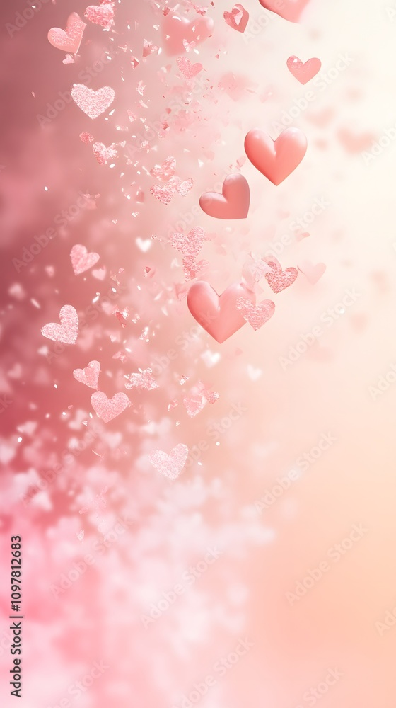 Poster a dreamy gradient background in soft pink and blush tones, with delicate heart shapes floating upwar