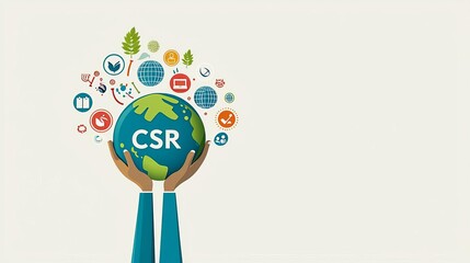 CSR Corporate Social Responsibility Hands holding a globe showcasing corporate social responsibility concepts and icons.