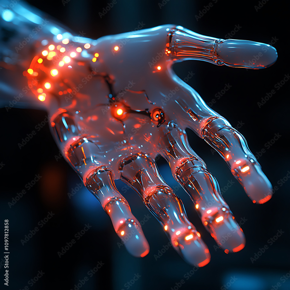 Poster futuristic robotic hand with glowing circuits, showcasing advanced technology and innovation in bion